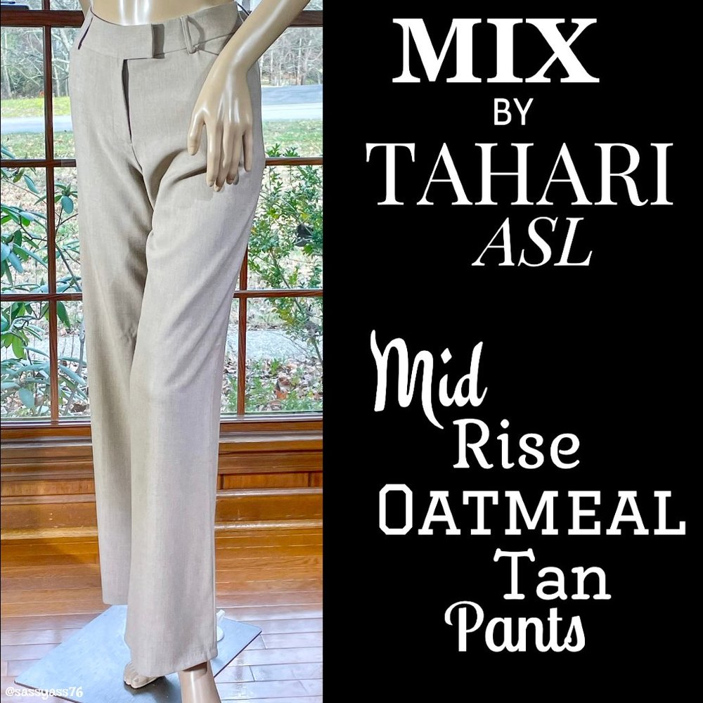 •MIX BY TAHARI ASL▪️Mid-Rise Oatmeal Tan Straight Leg Business Casual Pants - Picture 1 of 5